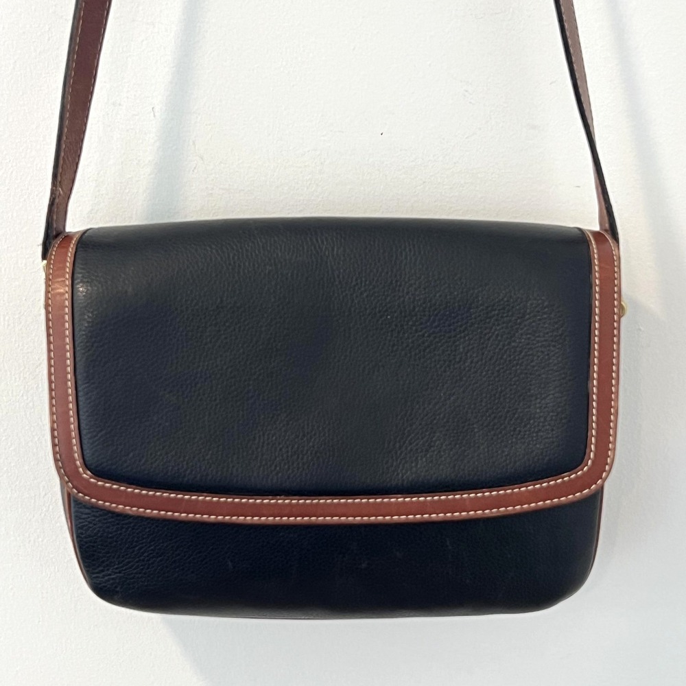 Bally Crossbody Bag Womens Black Leather Brown Trim Adjustable Strap Gold Tone